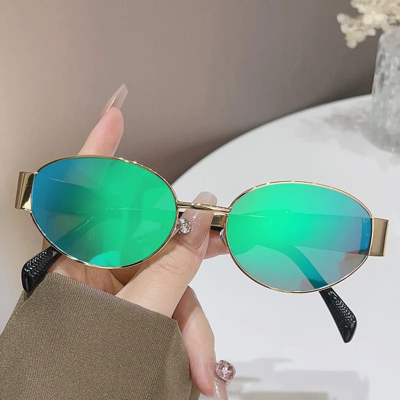 Women’s 2024 geometric PC sunglasses with elliptical metal frames, personalized large frame glasses by MANDOTOS INTERNATIONAL.