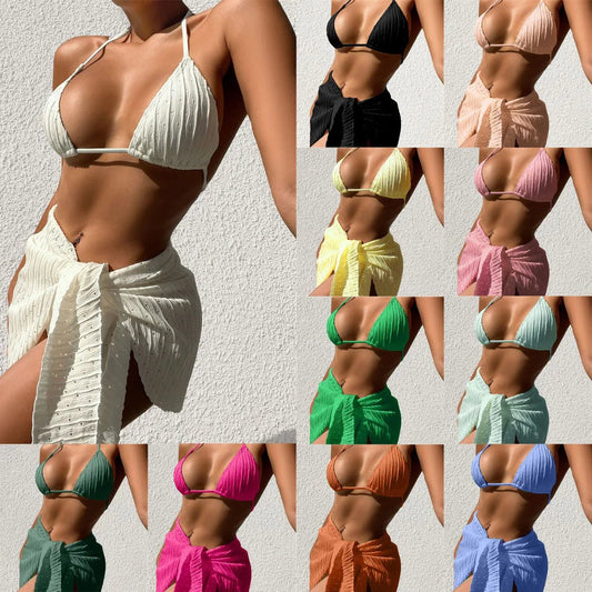 Girls' 2026 3-piece bikini set by MANDOTOS INTERNATIONAL, featuring a glistening swimsuit with matching cover-up dress for beach wear.