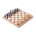 Mandotos International 30x30cm wooden chess set board for travel, includes chess pieces and game accessories.