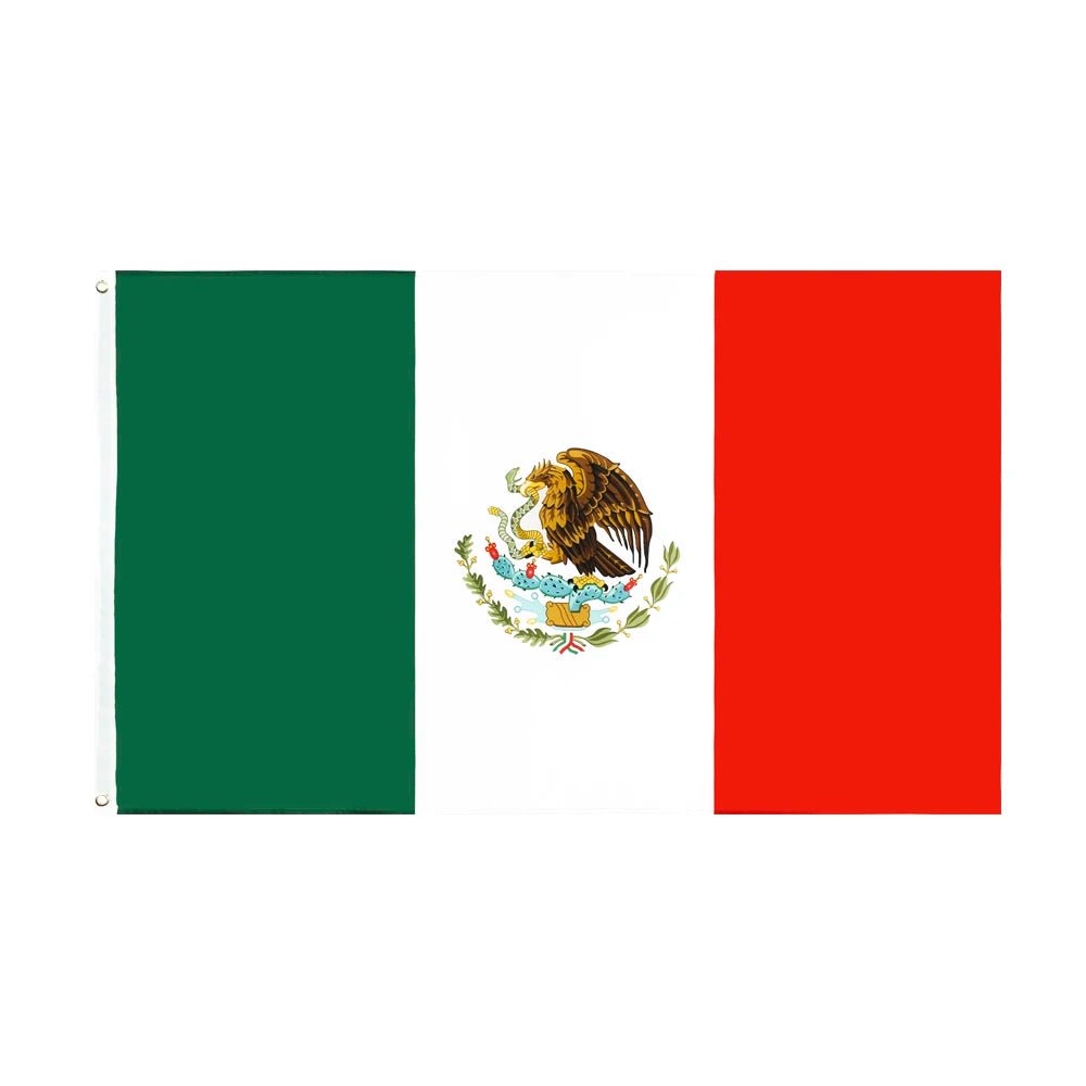 Mexico flag banner tapestry measuring 60x90cm and 90x150cm, featuring vibrant colors and patriotic design by MANDOTOS INTERNATIONAL.