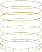 8-piece gold-plated waist chain set with beaded, sequin, and CZ coin designs, adjustable belly belt jewelry by MANDOTOS INTERNATIONAL.