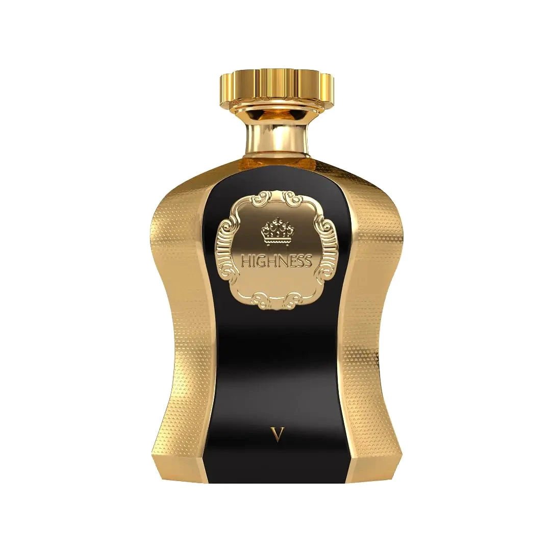 Afnan Highness Black EDP for Her 3.4 oz bottle with black and gold packaging, elegant design, and floral fragrance theme.