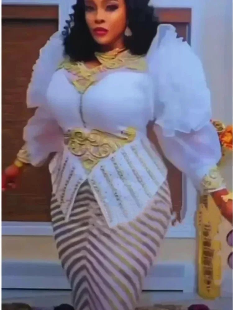 African dresses for women by Mandotos International, plus size sequin evening long dress with dashiki and Ankara styles, perfect for parties.