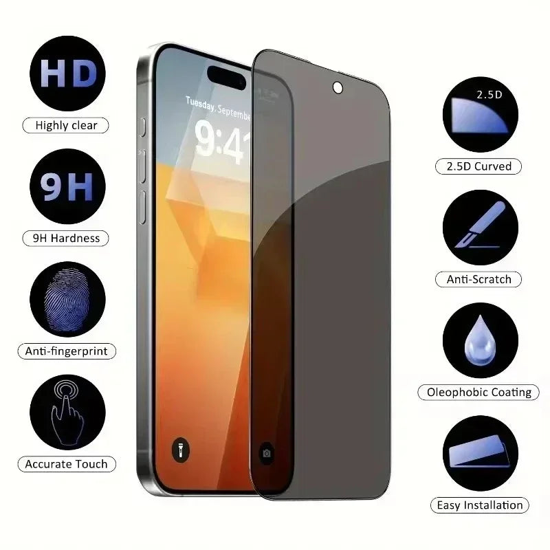 Mandotos International anti-spy glass privacy screen protector on iPhone models 11 to 17, reducing side viewing angles and protecting privacy
