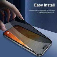 Mandotos International anti-spy glass privacy screen protector on iPhone 11-17 models, blocking side views for privacy.