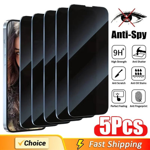 Mandotos International anti-spy glass privacy screen protector on iPhone models 11-17, showing secure screen with privacy filter