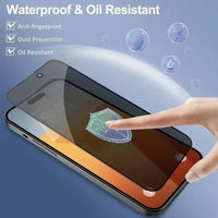 Mandotos International anti-spy glass privacy screen protector on iPhone models 11-17, showing a sleek, clear protective layer.