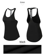 Black sleeveless yoga top for women by MANDOTOS INTERNATIONAL, backless fitness shirt, lightweight and comfortable for exercise.