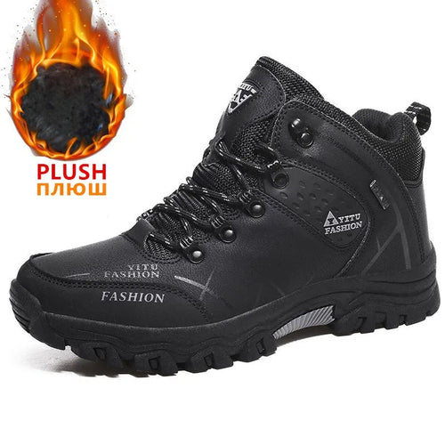 Mandotos International men's winter snow boots, waterproof leather hiking shoes, outdoor work boots, size 39-47, super warm and durable.