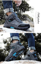 Mandotos men's winter snow boots with waterproof leather, outdoor hiking style, super warm, size 39-47, suitable for work and outdoor activities.