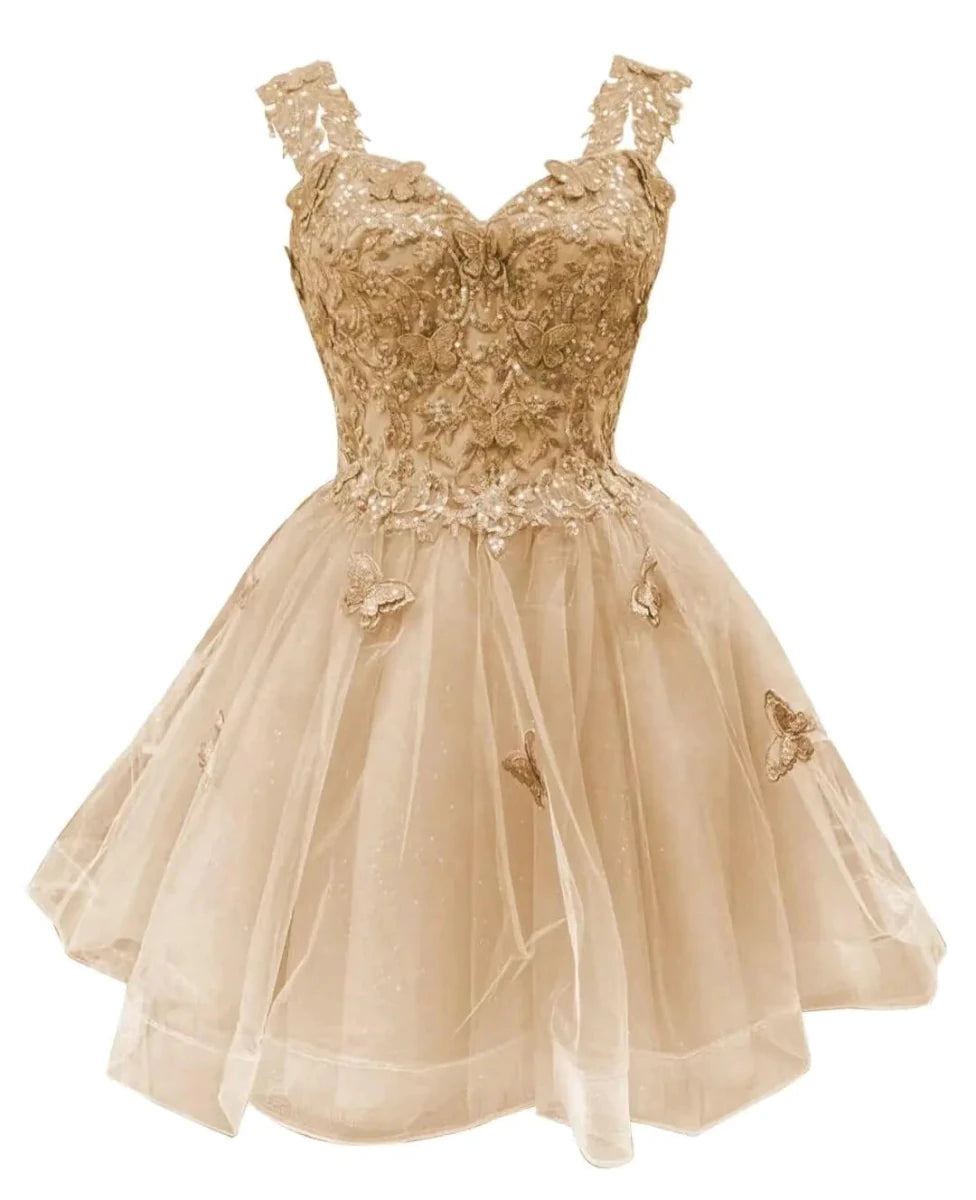 Mandotos International Butterfly Sparkle off-shoulder homecoming dress with shimmering details and elegant design.