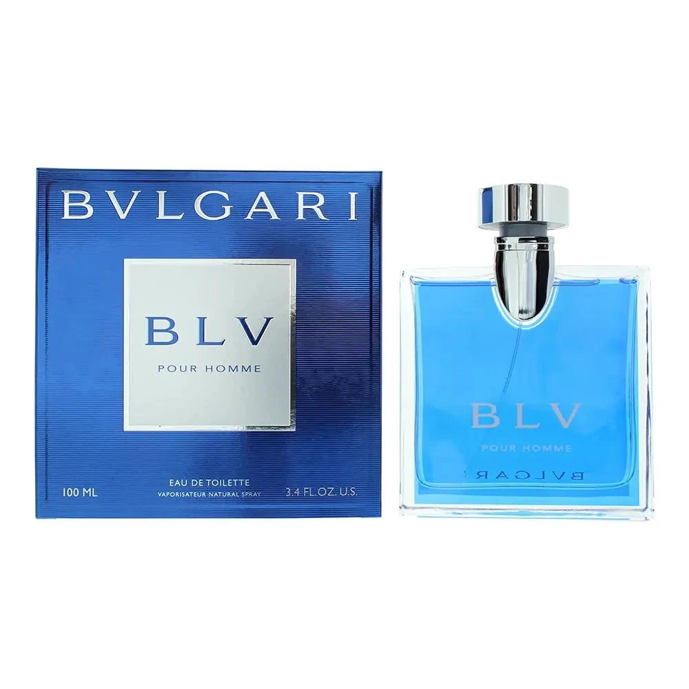 BVLGARI BLV men's 3.4 oz Eau de Toilette bottle, clear glass with silver cap, displayed on a neutral background.