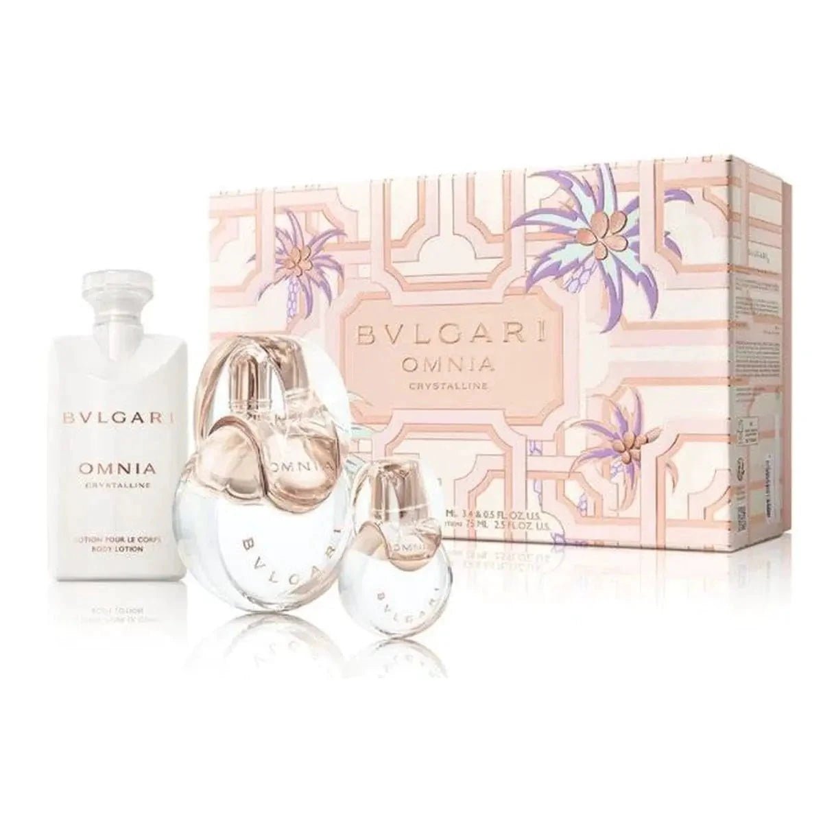 Bvlgari Omnia Crystalline Essence set for women featuring perfume bottles and packaging, showcasing elegant design and branding.