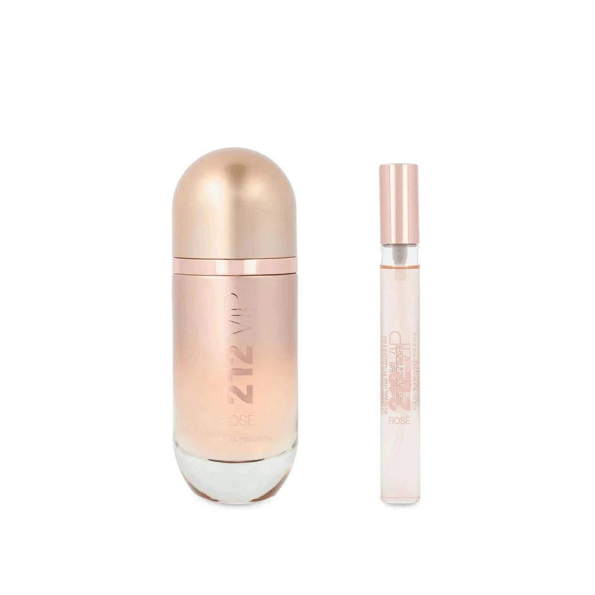 Carolina Herrera 212 VIP Rosé women's perfume duo featuring two elegant bottles with pink and clear liquid, stylish packaging.