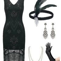 Black Charleston Chic 1920s flapper dress set by MANDOTOS INTERNATIONAL, featuring a vintage-inspired flapper dress in size XL.