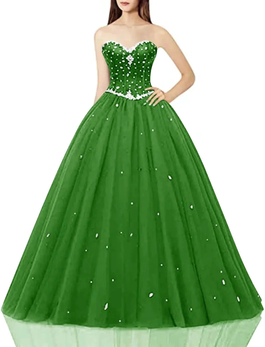 Elegant green sweetheart tulle ball gown for women by Mandotos International, featuring a flowing skirt and intricate bodice details.