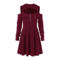 Mandotos International chic hooded zip dress line displayed on a model, featuring a stylish hood and zip-front design.