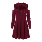 Mandotos International chic hooded zip dress line displayed on a model, featuring a stylish hood and zip-front design.