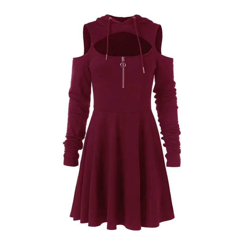 Mandotos International chic hooded zip dress line displayed on a model, featuring a stylish hood and zip-front design.