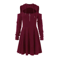 Mandotos International chic hooded zip dress line showcasing a stylish black dress with a front zipper and hood detail.