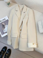 Mandotos International women's blazer coat with stand collar, elegant office outerwear, tailored fit, stylish formal wear.