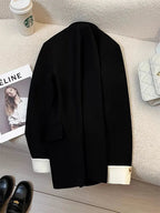 Mandotos International women's blazer coat with stand collar, elegant office outwear, tailored fit, black color, stylish professional look.