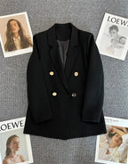 Mandotos International women's blazer coat with stand collar, elegant office outerwear, tailored fit in classic black fabric.