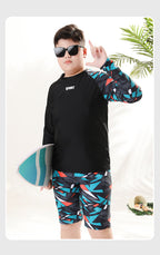 Mandotos International boys' swim trunks in vibrant colors, two-piece youth swimwear for older children and kids.