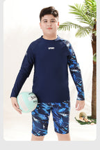 Children's two-piece boys' swimwear by Mandotos International featuring sun-protective swim trunks, 2026 model, suitable for hot springs.