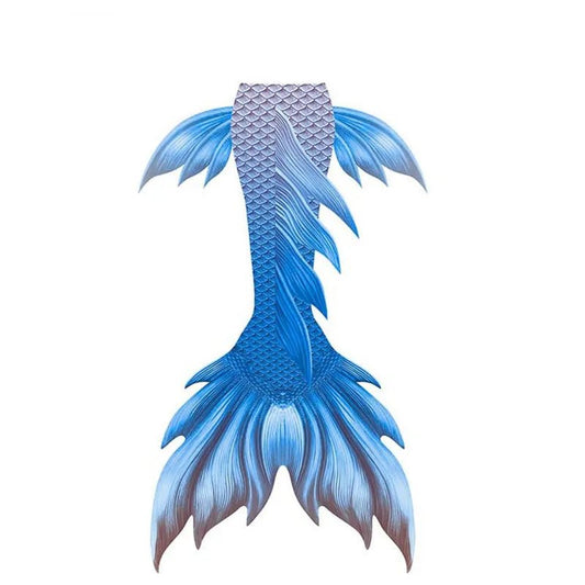 Shiny mermaid tails swimsuit by MANDOTOS INTERNATIONAL featuring a colorful, scale-like pattern for swimming and costume wear.