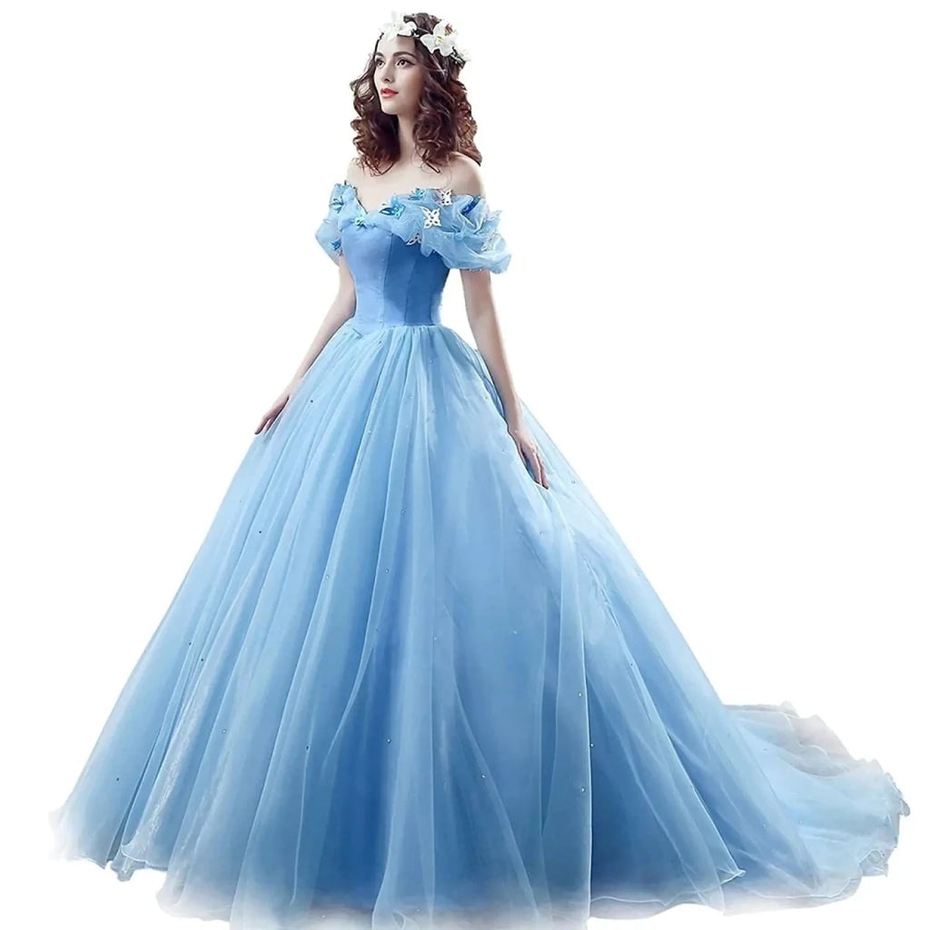 Blue Chupeng Quinceanera and prom gown by MANDOTOS INTERNATIONAL featuring elegant fabric and intricate detailing.