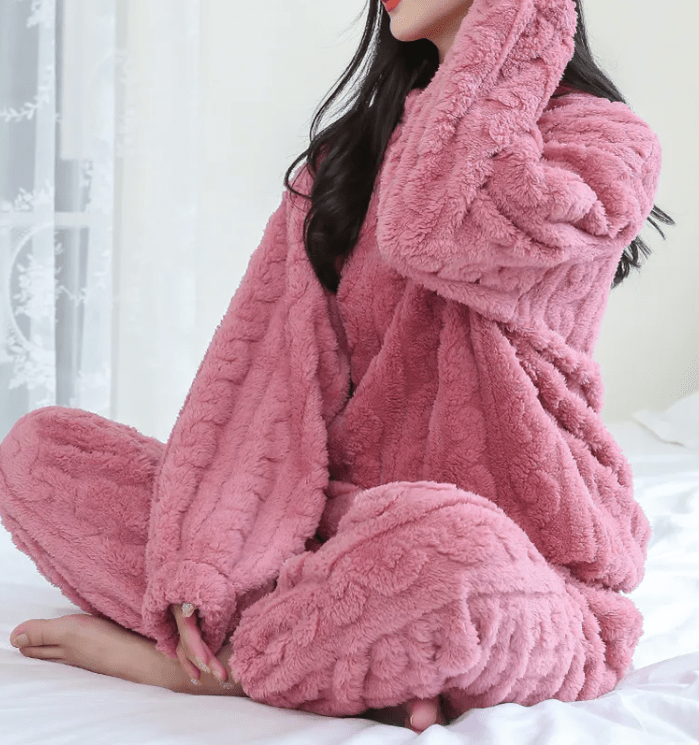 Cozy coral velvet sleepwear set by Mandotos International featuring a comfortable long-sleeve top and matching pants.