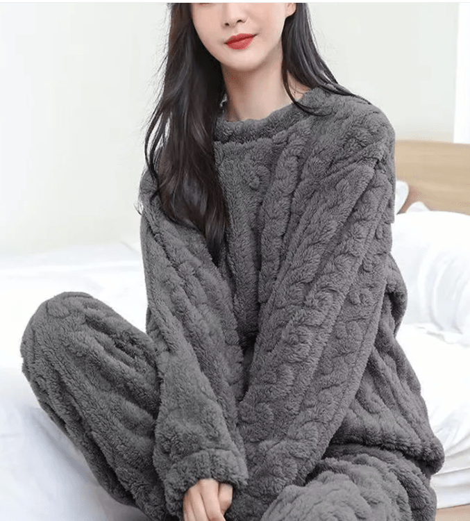 Cozy coral velvet sleepwear set by Mandotos International, featuring a soft, plush top and matching bottoms for comfortable lounging.