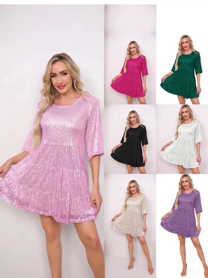 Mandotos International cross-border fashion sequined dress featuring Europe and US style, with sparkling sequins and a stylish design.