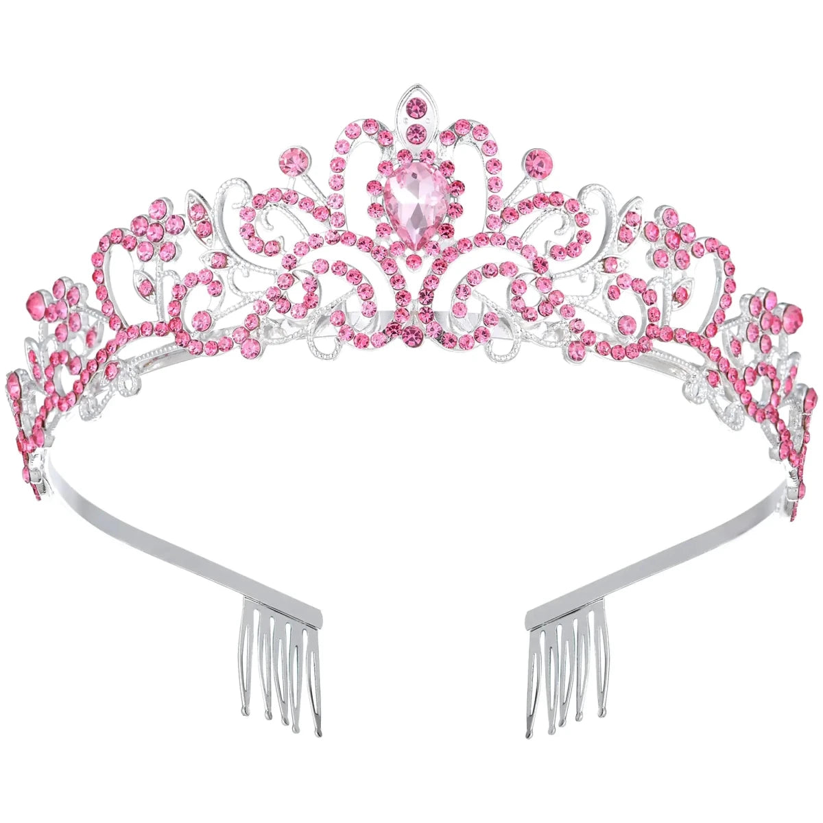 Crystal Queen Rhinestone Tiara with Combs by MANDOTOS INTERNATIONAL, elegant wedding or pageant crown with sparkling rhinestones.