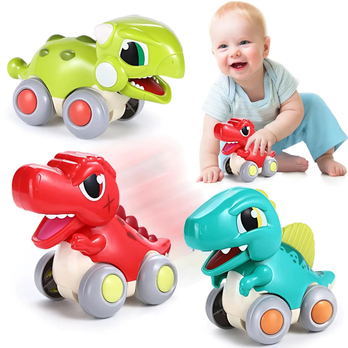 Colorful Dino Dash toddler car toy by MANDOTOS INTERNATIONAL, featuring a friendly dinosaur design for young children to play with.
