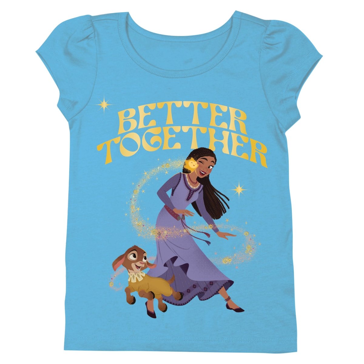 Turquoise Disney WISH Asha & Valentino girls' T-shirt by Mandotos International with colorful character illustrations.