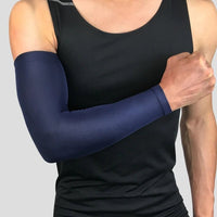 Mandotos International elastic sun protection arm sleeves with compression and quick-dry fabric for outdoor activities.
