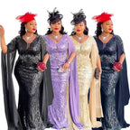 Elegant African V-neck maxi dress by MANDOTOS INTERNATIONAL, featuring intricate patterns, flowing fabric, and suitable for wedding parties.