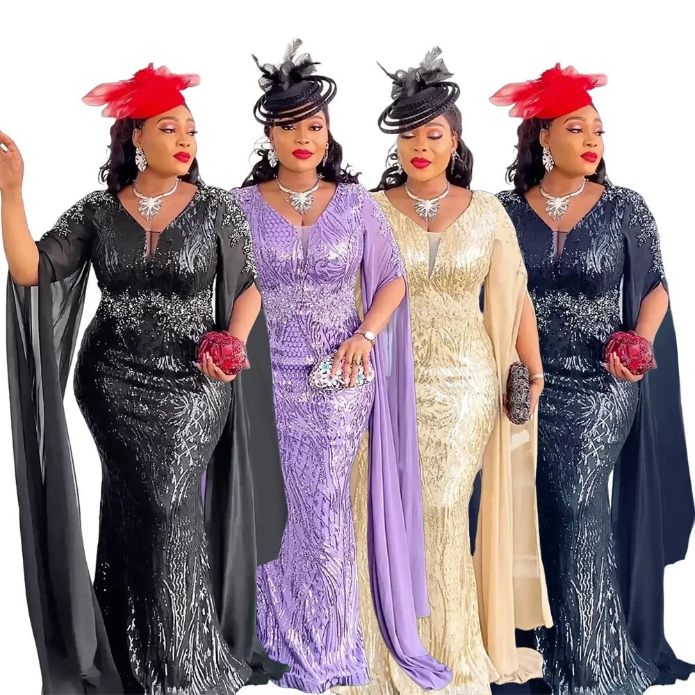 Elegant African V-neck maxi dress by MANDOTOS INTERNATIONAL, featuring intricate patterns, flowing fabric, and suitable for wedding parties.