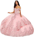 Elegant tulle off-shoulder beaded Quinceanera ball gown by MANDOTOS INTERNATIONAL, featuring intricate beadwork and flowing skirt.