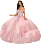 Elegant tulle off-shoulder beaded Quinceanera ball gown by MANDOTOS INTERNATIONAL, featuring intricate beadwork and flowing skirt.