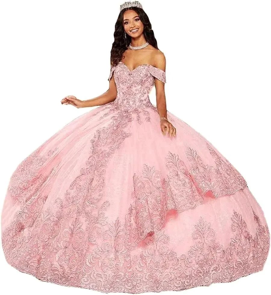 Elegant tulle off-shoulder beaded Quinceanera ball gown by MANDOTOS INTERNATIONAL, featuring intricate beadwork and flowing skirt.