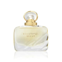 Estée Lauder Beautiful Belle Eau de Parfum spray with lychee, rose petals, and mimosa notes, 1.7 fl oz, displayed in a sleek bottle.