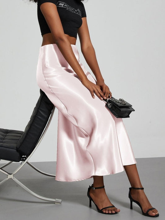 European American style satin midi skirt by Mandotos International, showcasing smooth fabric and elegant design.