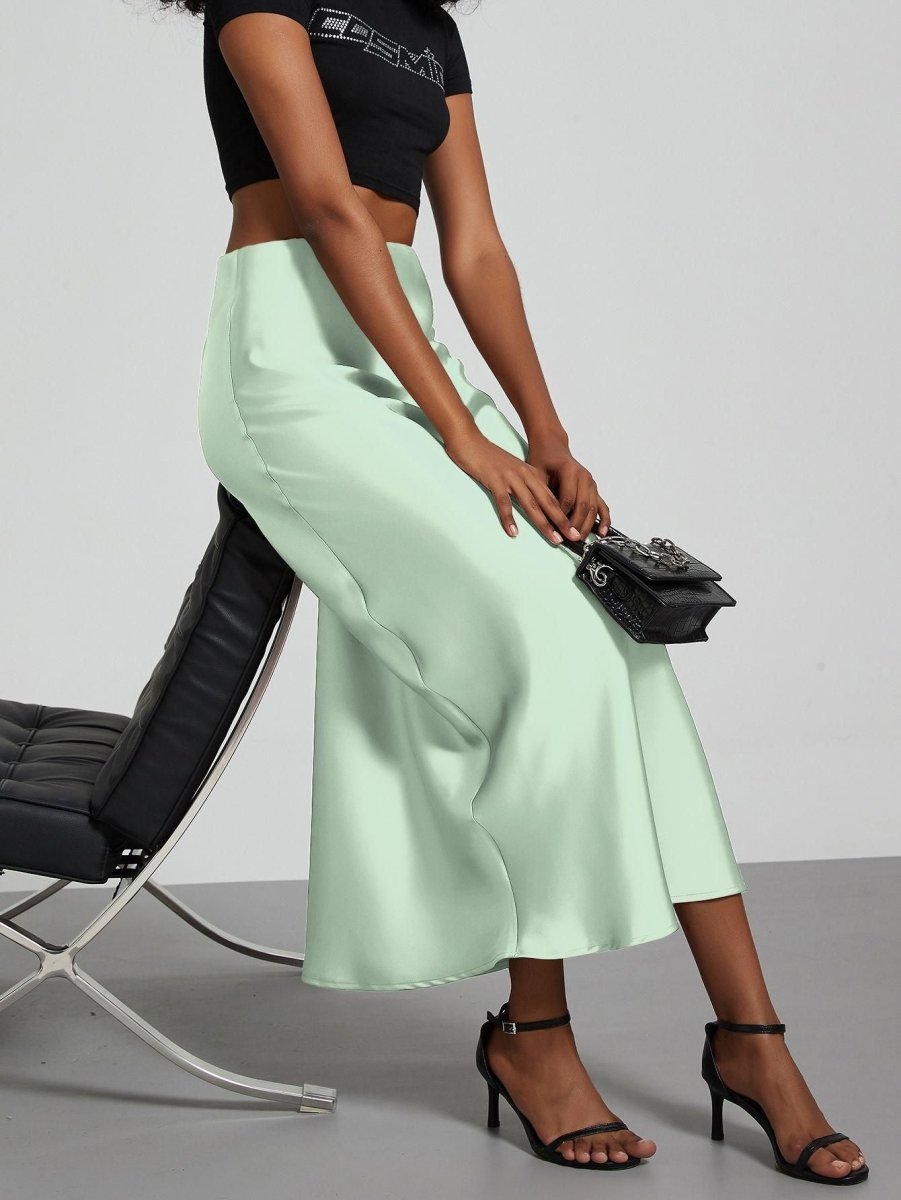 European American style satin midi skirt by Mandotos International, shown in a sleek, elegant design suitable for various outfits.