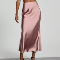 European American style satin midi skirt by Mandotos International, showcasing a sleek, elegant design with smooth satin fabric.