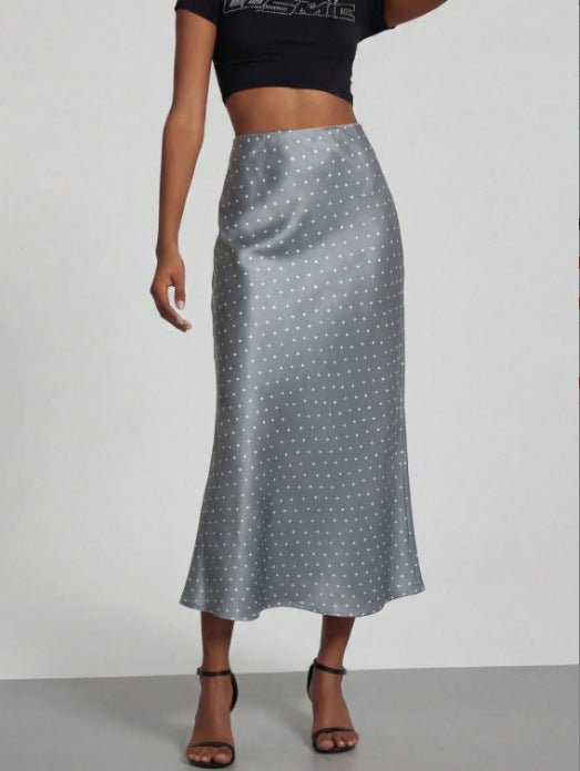 European American style satin midi skirt by Mandotos International, shown in a sleek, elegant design with a smooth satin finish.