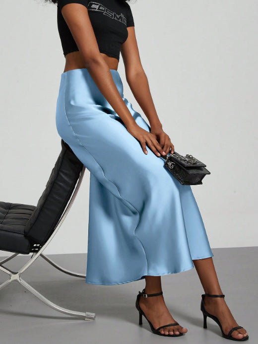 European American style satin midi skirt from MANDOTOS INTERNATIONAL, showcasing a sleek, elegant design in satin fabric.