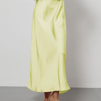 European American style satin midi skirt by Mandotos International, featuring a sleek design and in-stock wholesale availability.